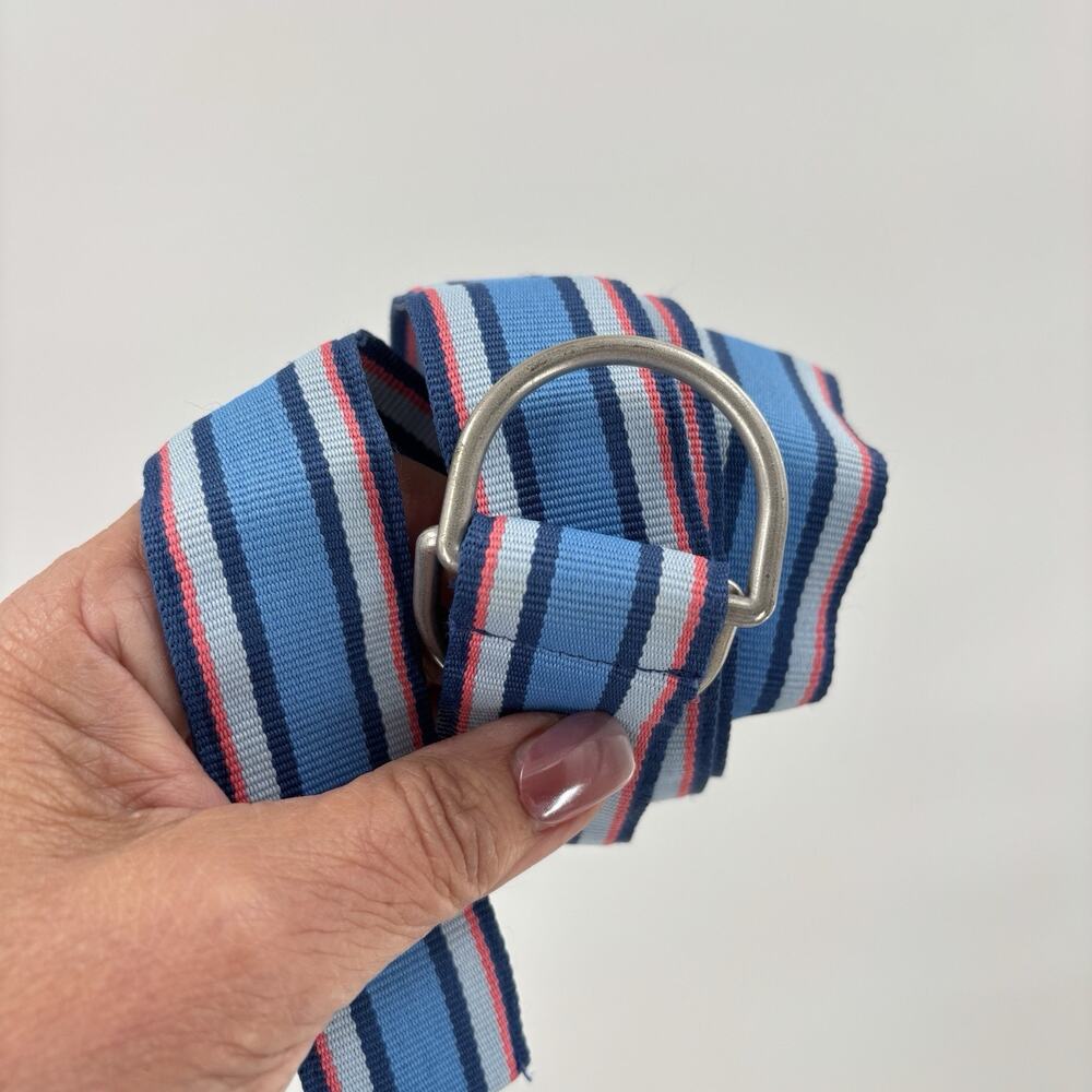 L.L.Bean Striped Webbing Belt S/M Blue Red D-Ring Buckle 38" Preppy